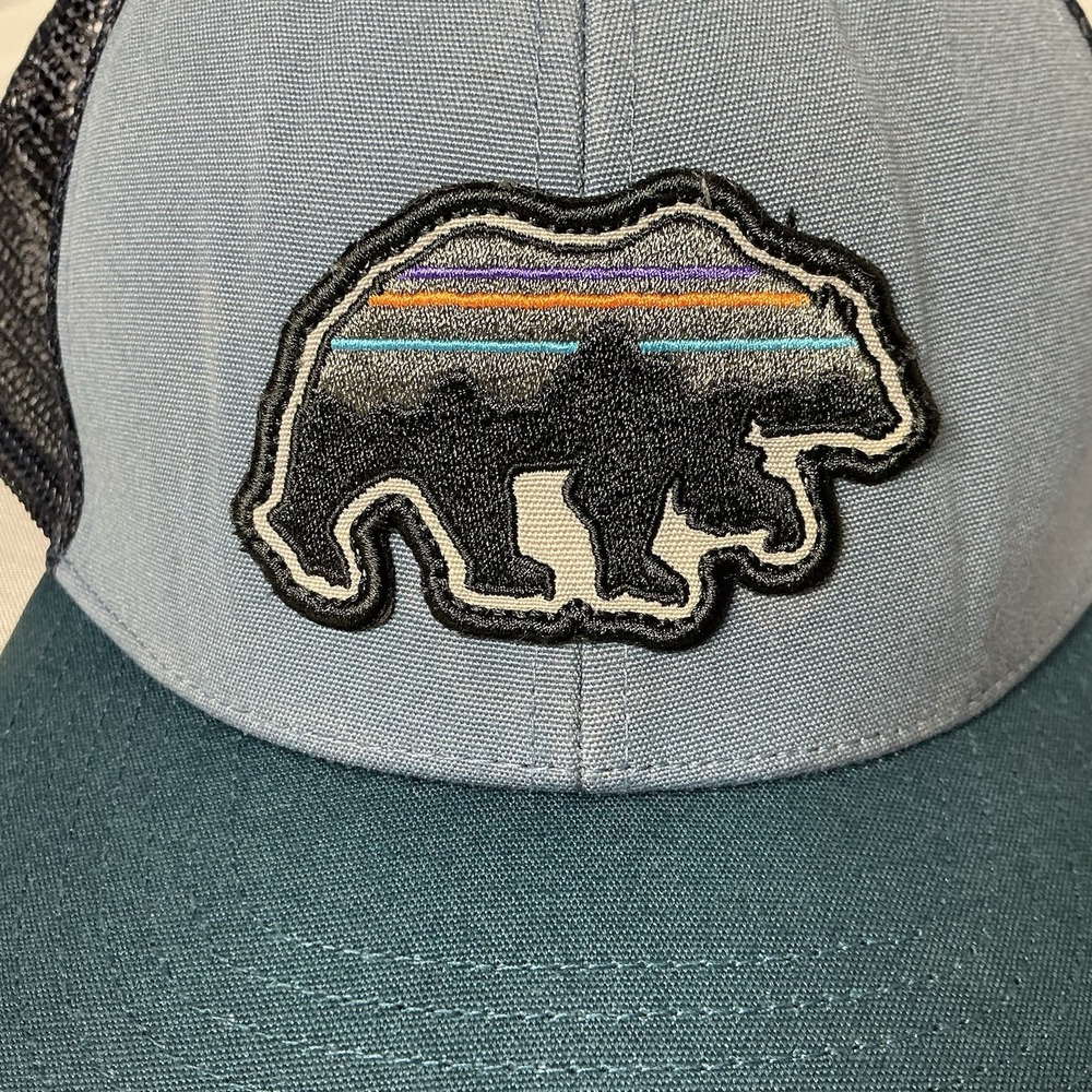 Patagonia Fitz Roy Bear Blue W/ Black Mesh Trucker Snapback Hat Cap MINT VG